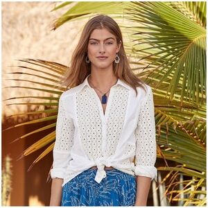 Sundance White Cotton Eyelit Long Sleeve‎ Top Size Large